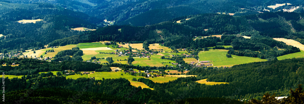 Wide Panorama of Beskydy, Detail of Village Czech Republic