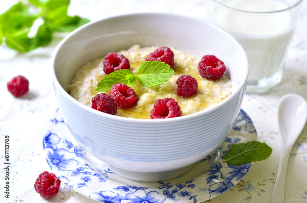 Oat porridge with raspberry and honey. Oat porridge with raspberry and honey.