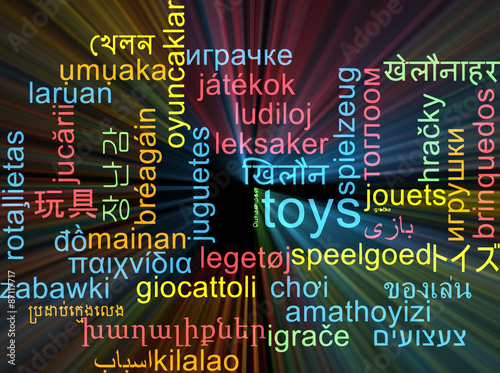 Toys multilanguage wordcloud background concept glowing