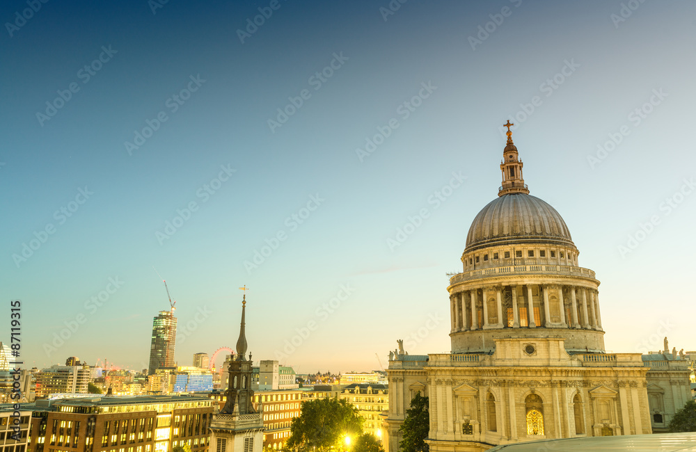 Aerial view of St Paul Cathedral at sunset - London