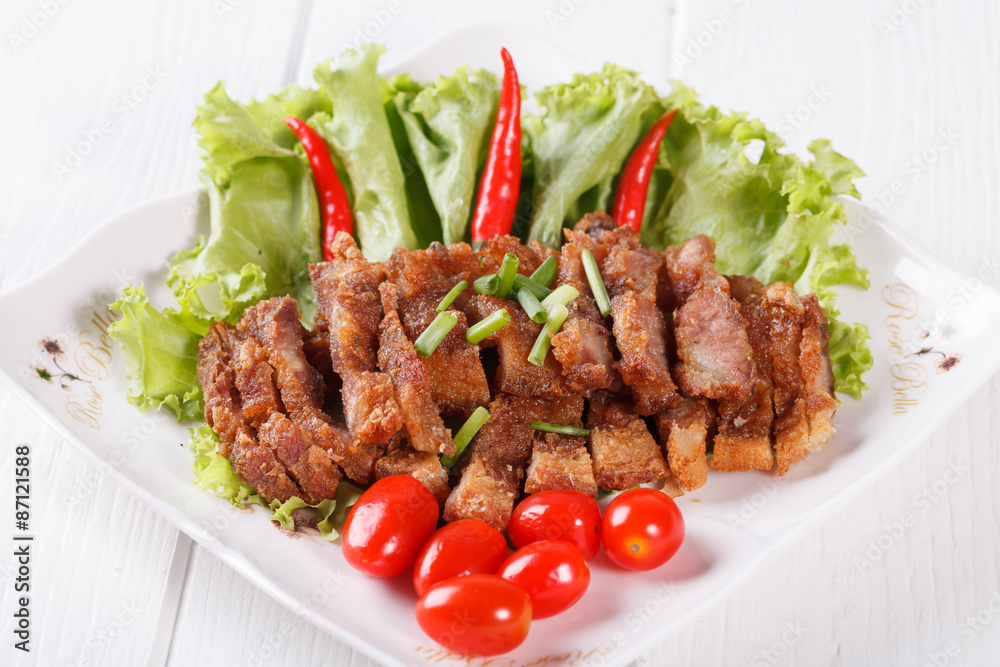 streaky pork fried with spicy dipping sauce, Thai food
