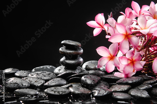 Still life with branch of frangipani with stacked black wet stones