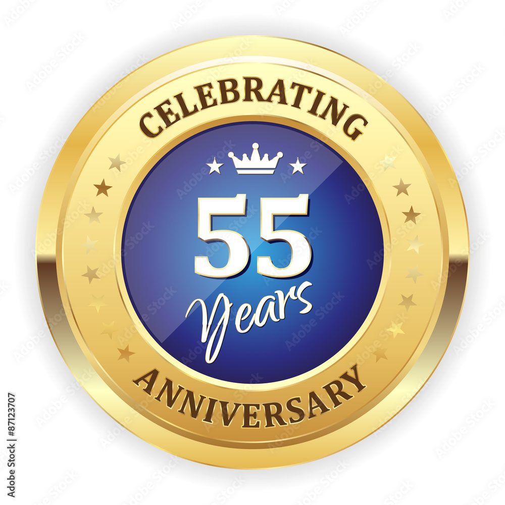 Fototapeta premium Blue celebrating 55 years badge with gold border