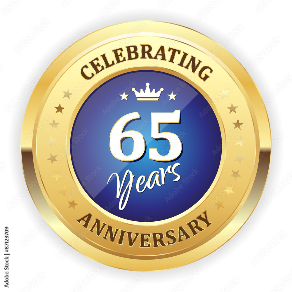 Blue celebrating 65 years badge with gold border