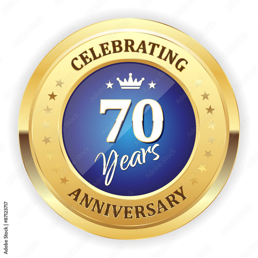 Blue celebrating 70 years badge with gold border