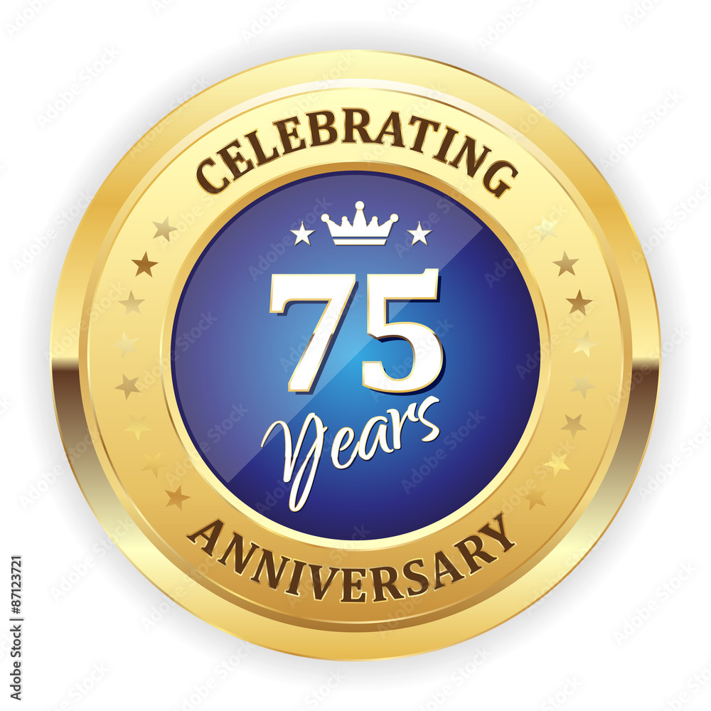 Blue celebrating 75 years badge with gold border