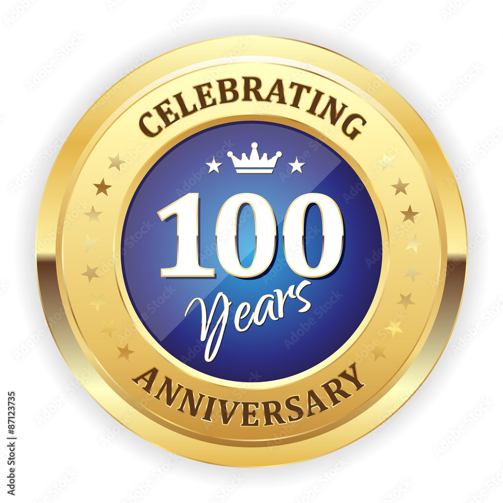 Blue celebrating 100 years badge with gold border