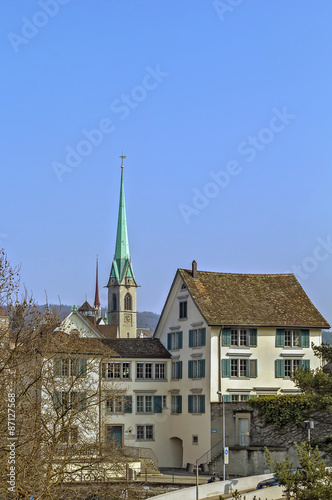 view with Predigerkirche tower, Zurich, Switzerland