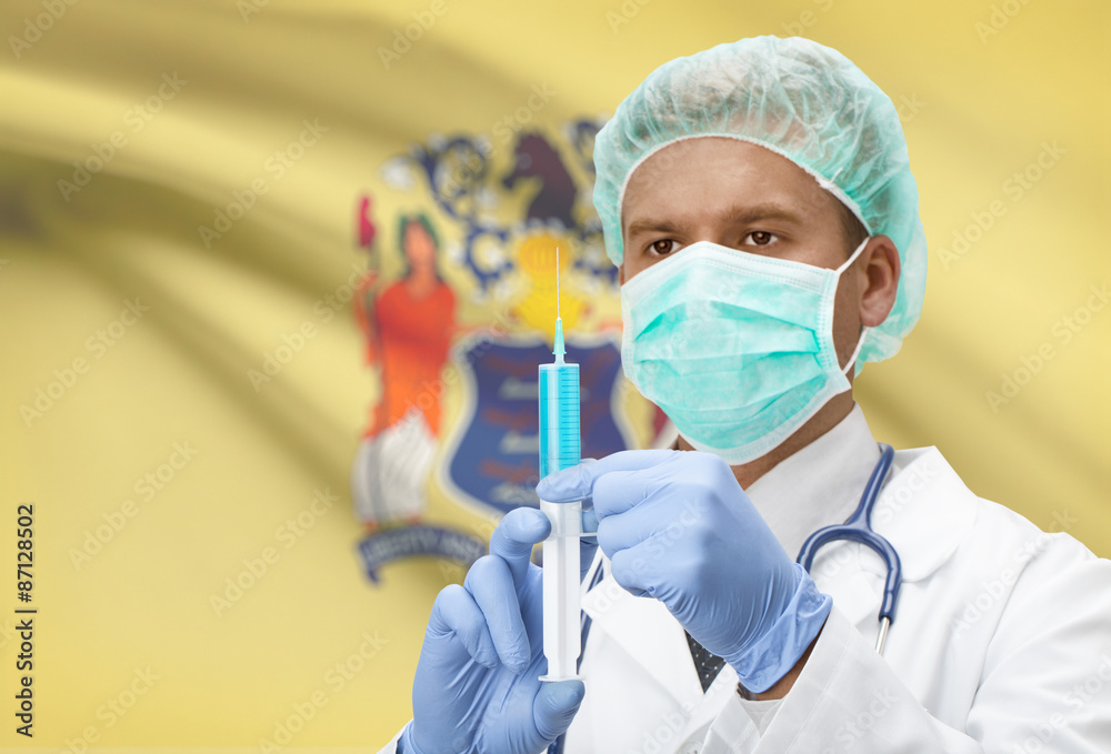Doctor with syringe in hands and US states flags on background series - New Jersey Doctor with syringe in hands and US states flags on background series - New Jersey