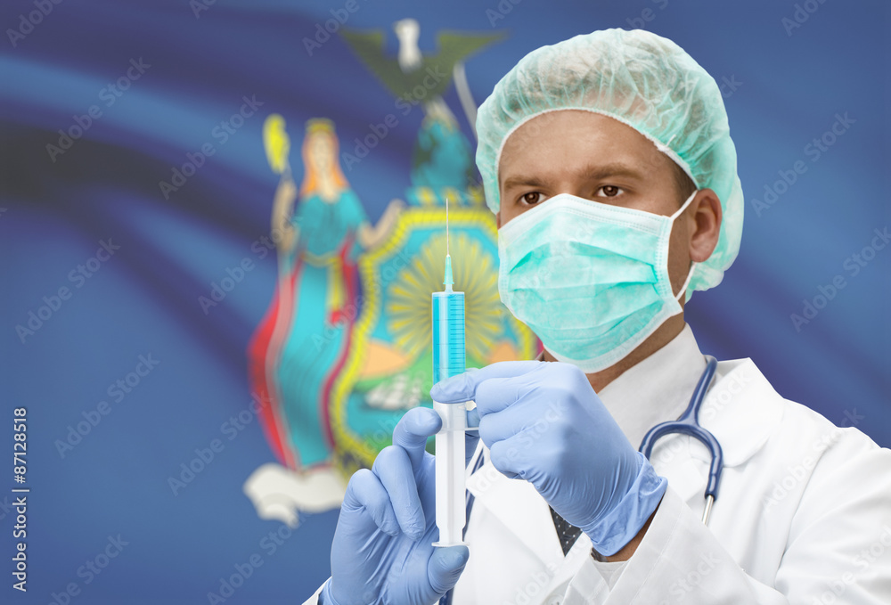 Doctor with syringe in hands and US states flags on background series - New York Doctor with syringe in hands and US states flags on background series - New York