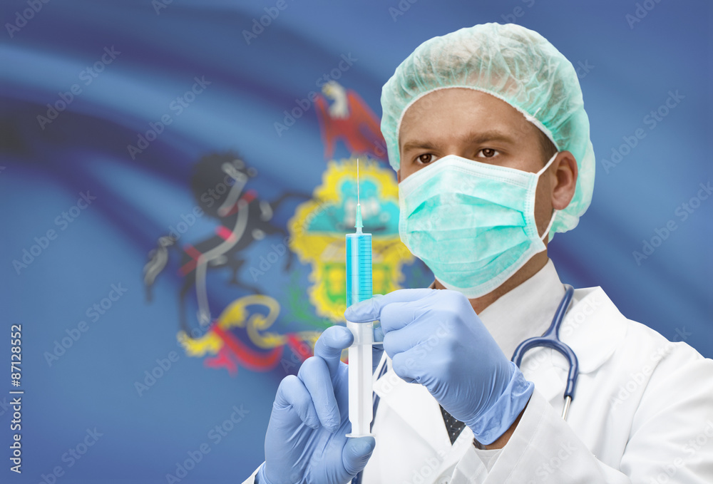 Doctor with syringe in hands and US states flags on background series - Pennsylvania Doctor with syringe in hands and US states flags on background series - Pennsylvania