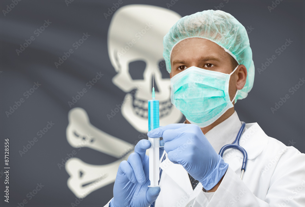 Doctor with syringe in hands and US states flags on background series - Jolly Roger Doctor with syringe in hands and US states flags on background series - Jolly Roger
