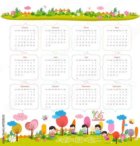 calendar for 2016 with cartoon and funny animals and kids. Hello autumn