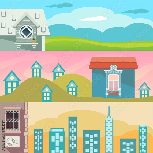 Cartoon landscape with houses, windows, clouds and sky