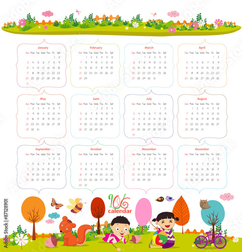 calendar for 2016 with cartoon and funny animals and kids. Hello autumn