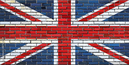 Grunge flag of Great Britain on a brick wall,
United Kingdom national flag on brick textured background, 
Flag of Great Britain painted on brick wall,
Flag of United Kingdom in brick style