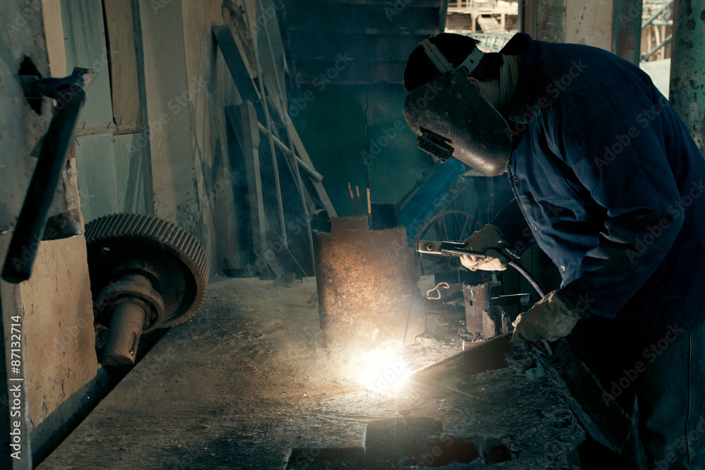 Welding steel. Welder worker works. Welding steel. Welder worker works.