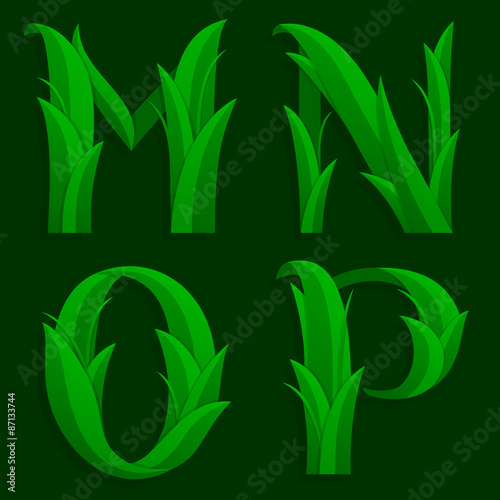 Decorative Grass Initial Letters M, N, O, P. Vector illustration of alphabet letters in caps, the M, N, O, P in the grass design over a dark green background.
