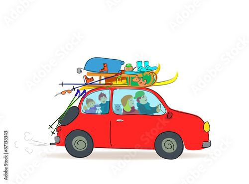 Family Winter Vacation  Car with Luggage   Vector illustration isolated on white background  