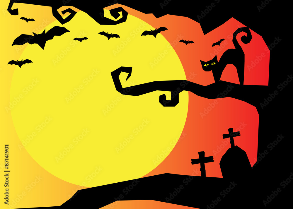 Halloween night, black castle on the moon background, illustration.