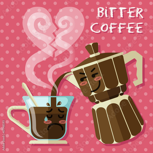 crying cartoon on coffee cup and aluminum Espresso coffee maker