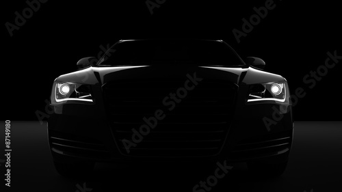 Computer generated image of a sports car, studio setup, on a dark background.