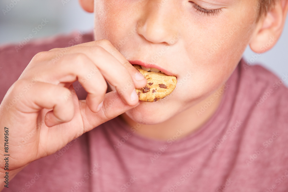 Close Up Of Boy Eating Chocolate Chip Cookie Close Up Of Boy Eating Chocolate Chip Cookie