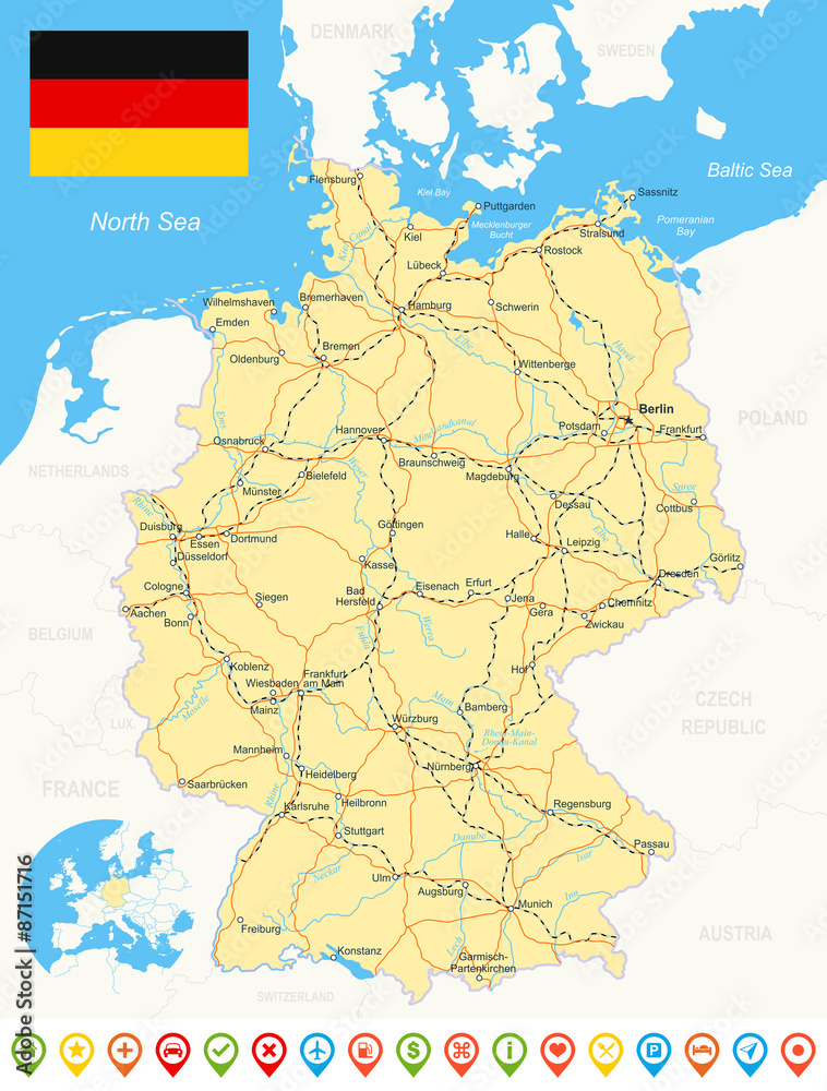 Germany map, flag, navigation icons, roads, rivers, city names, flag, railways, water object names, country and land names. Highly detailed vector illustration.