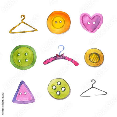 Set of watercolor coat hangers and buttons. Vector illustration