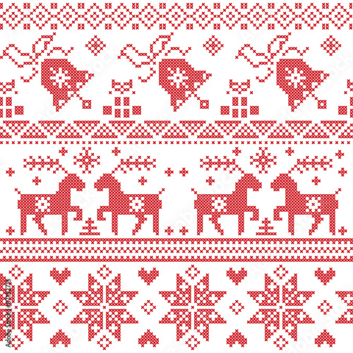 Christmas Nordic cross stitch pattern including reindeer, snowflake, star, Xmas tree, bell, presents in red
