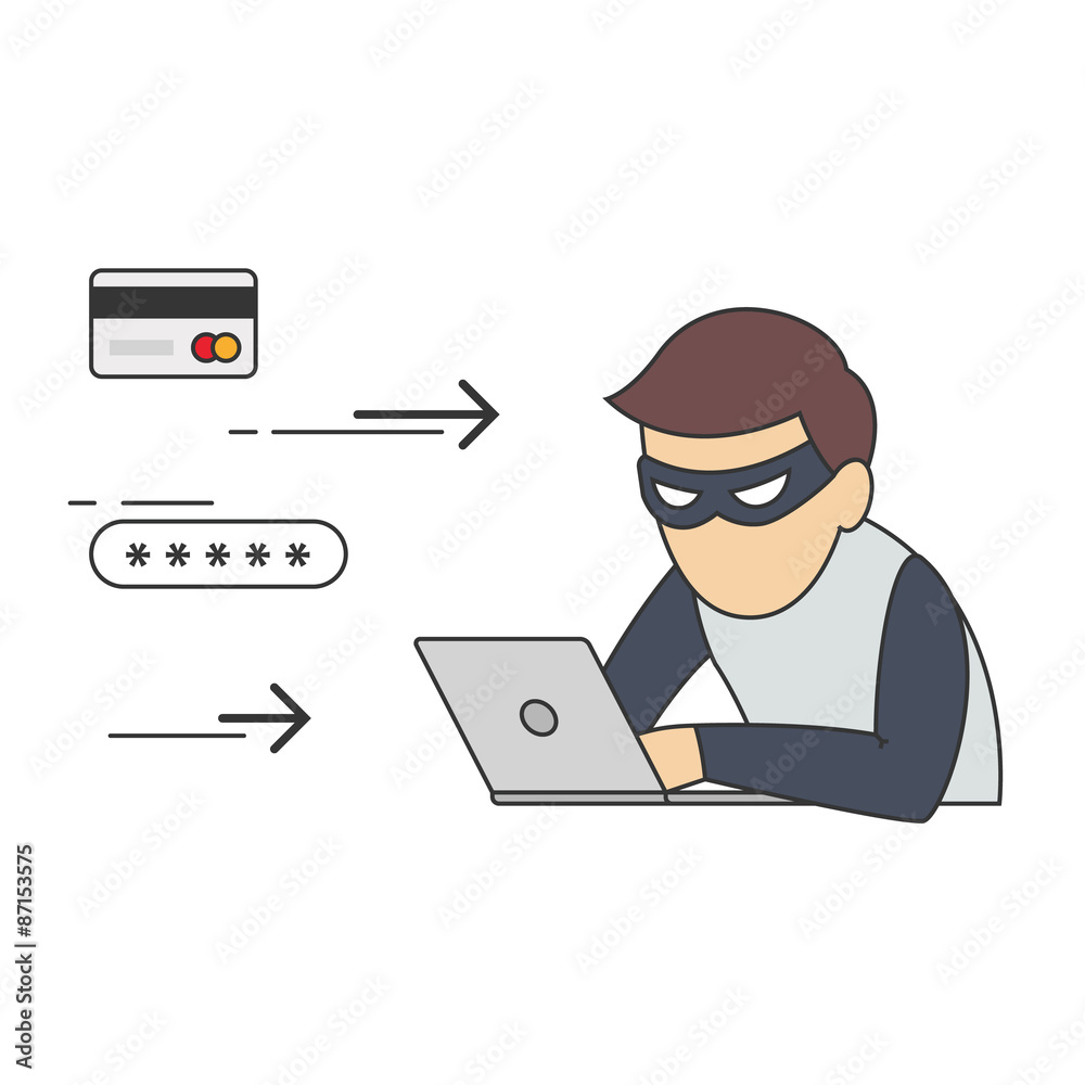 Conceptual Vector Illustration of Man in Role of Internet Thief Sitting in front of Laptop and Stealing Passwords and Numbers of Credit Cards. Conceptual Vector Illustration of Man in Role of Internet Thief Sitting in front of Laptop and Stealing Passwords and Numbers of Credit Cards.
