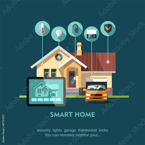 Smart home. Flat design style vector illustration concept of smart house technology system with centralized control.