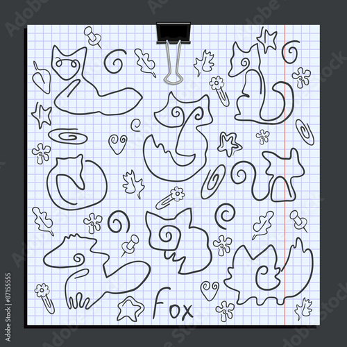 set of paper clips of fox shapes. Back to school. Vector illustration a sheet pinned with doodle paper clips in the form of form of leaves, flowers, stars and fox