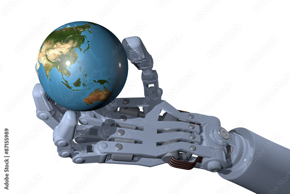 Fototapeta premium Industrial robot hand holds globe, high-quality 3D image. White background, focused on Asia and Australia. (Elements of this image furnished by NASA- earthmap http://visibleearth .nasa.gov)