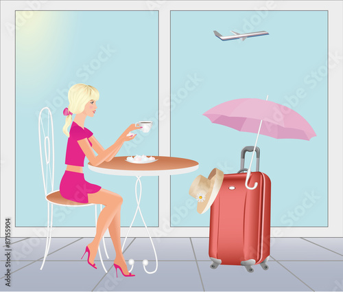 Girl at the airport in are going on vacations.