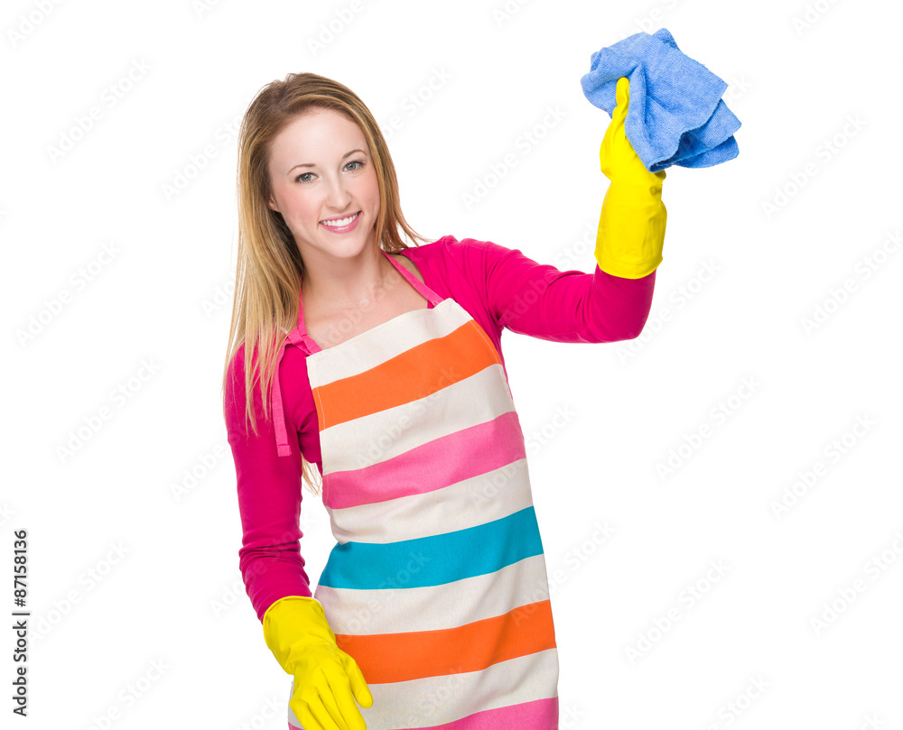 Housewife cleaning with plastic gloves and rag Housewife cleaning with plastic gloves and rag