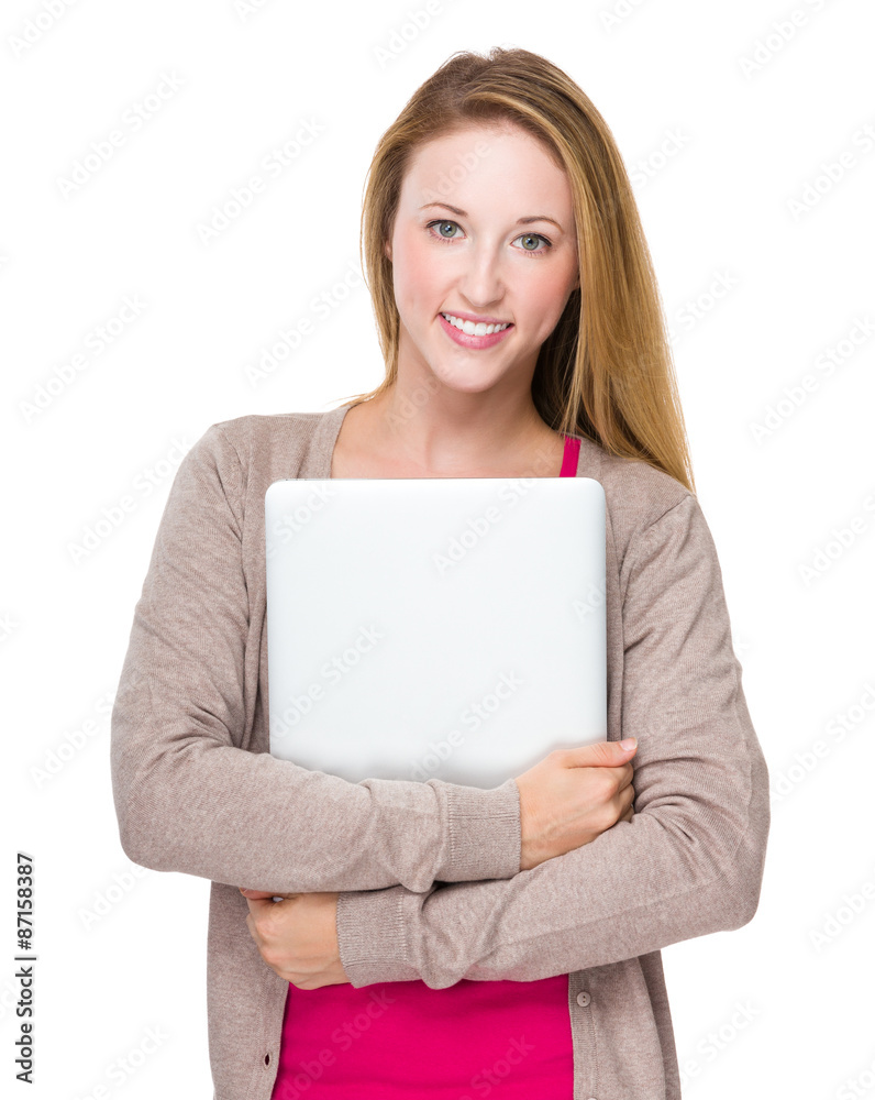 Caucasian woman hold with notebook computer Caucasian woman hold with notebook computer