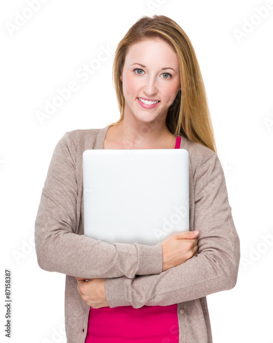 Caucasian woman hold with notebook computer