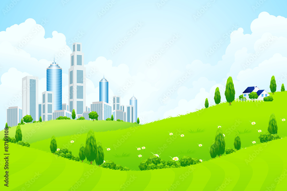 Green Landscape with City and Clouds