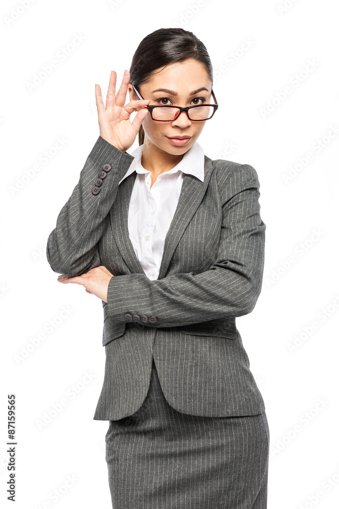 Woman in Business Suit Wearing Glasses