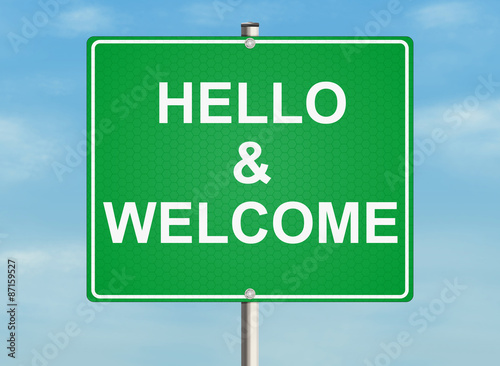 Welcome. Road sign on the sky background. Raster
