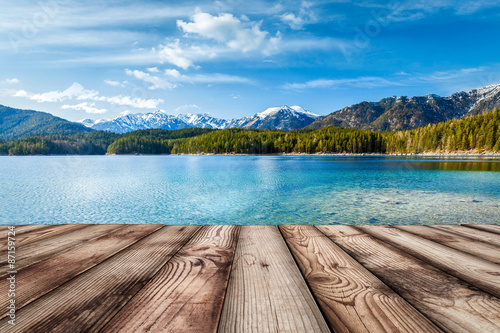 Wooden planks background with lake, Germany photo