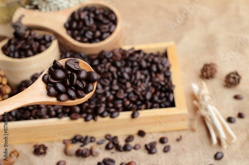 Roasted coffee beans on sack brown background.