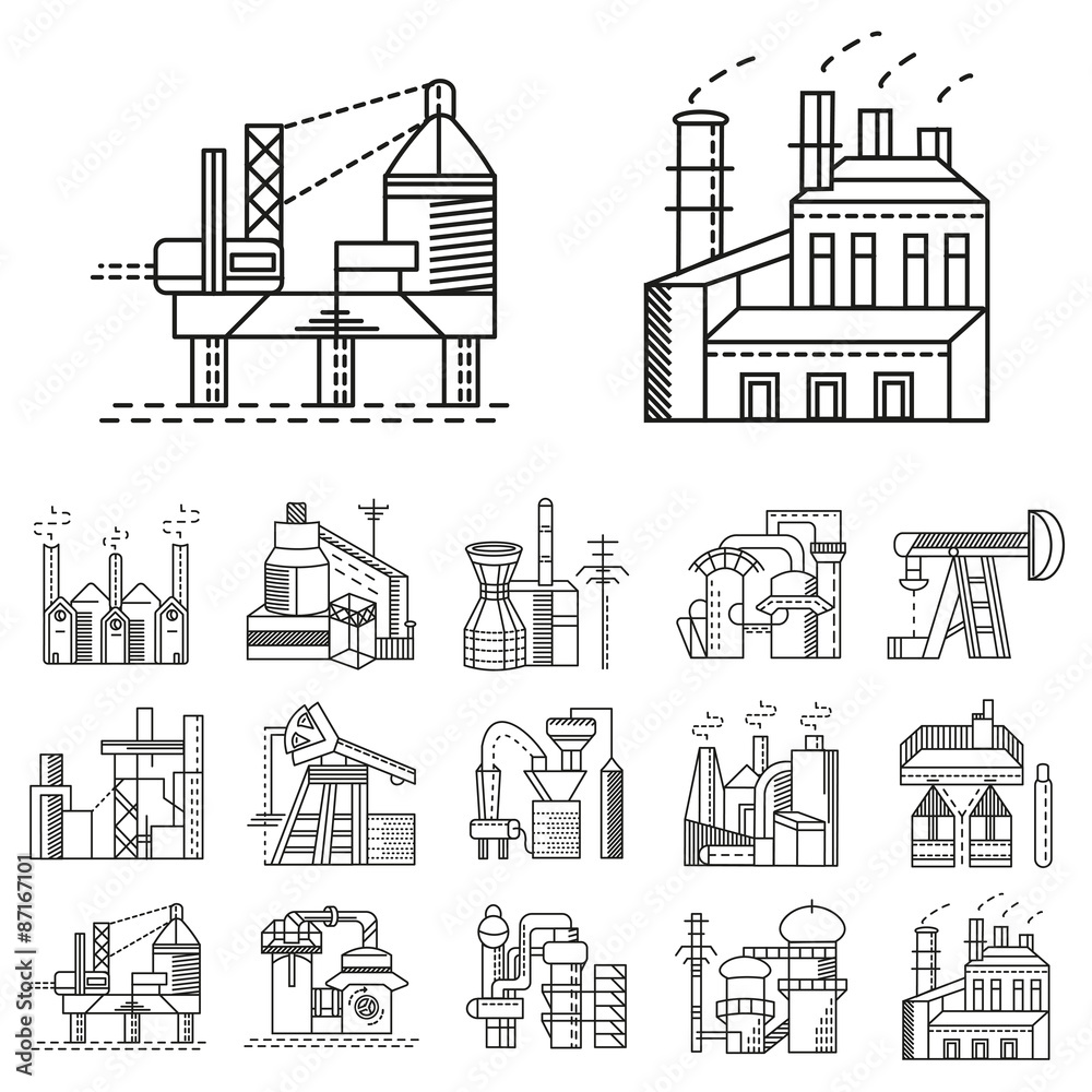 Flat line icons for factories