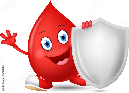 Happy blood cartoon with shield