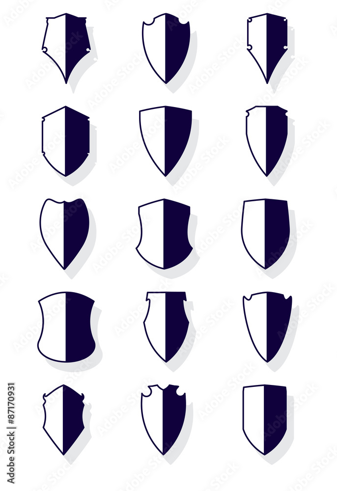 Set of 15 icons of shields with shadow Set of 15 icons of shields with shadow