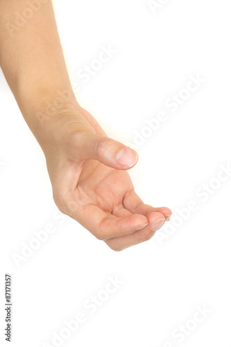 Woman hand on white background