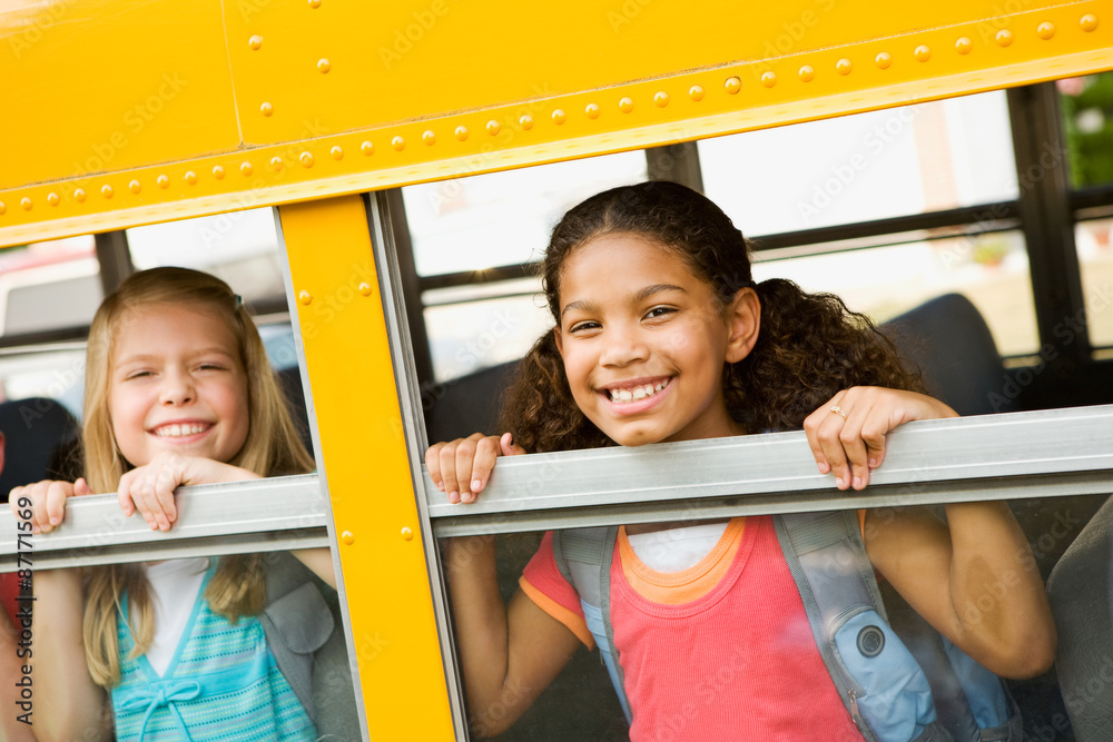 School Bus Girls Looking Out Bus Window Stock Photo Adobe Stock