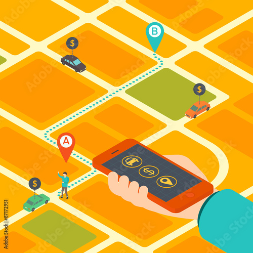 Flat 3d isometric concept of mobile app for booking taxi