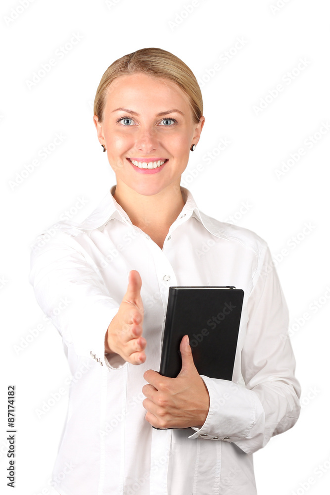 Beautiful business woman giving a handshake, over a white backg Beautiful business woman giving a handshake, over a white backg
